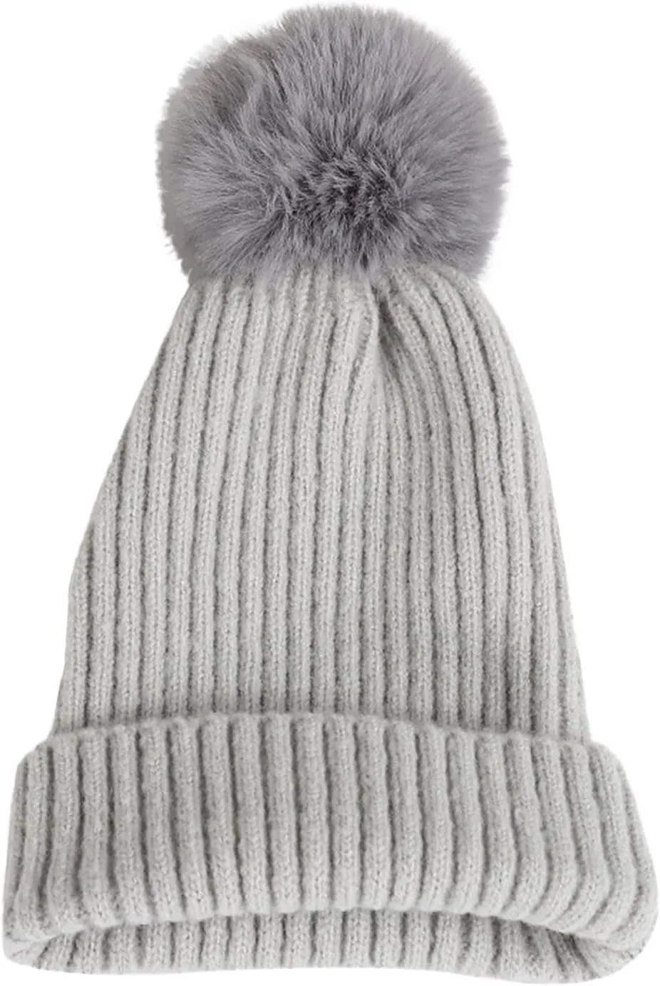 Womens Winter Beanie Hat Fleece Lined Faux Furry Pompom Knitted Warm Beanie for Women Warm and Knit Hat