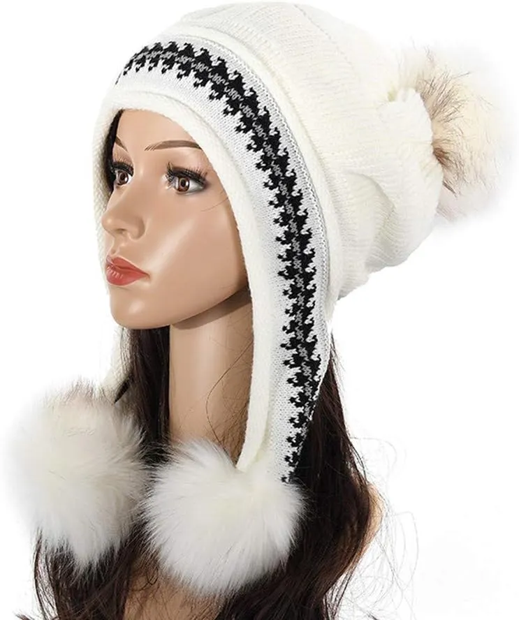 Womens Winter Beanie Hat Satin Lined Faux Furry Pom Beanie Hat for Women Winter Warm Knit Hats