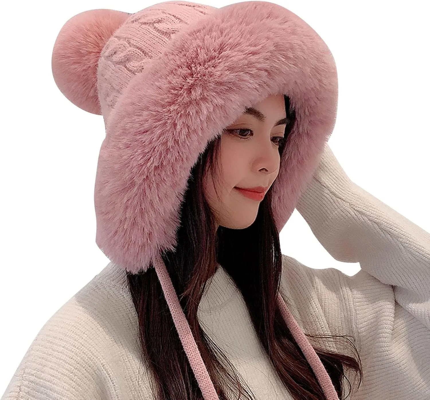Womens Winter Beanie Hat Soft Slouchy Fluffy Beanies with Faux Fur Pompom Knit Stretchy Snow Ski Cap for Cold Weather