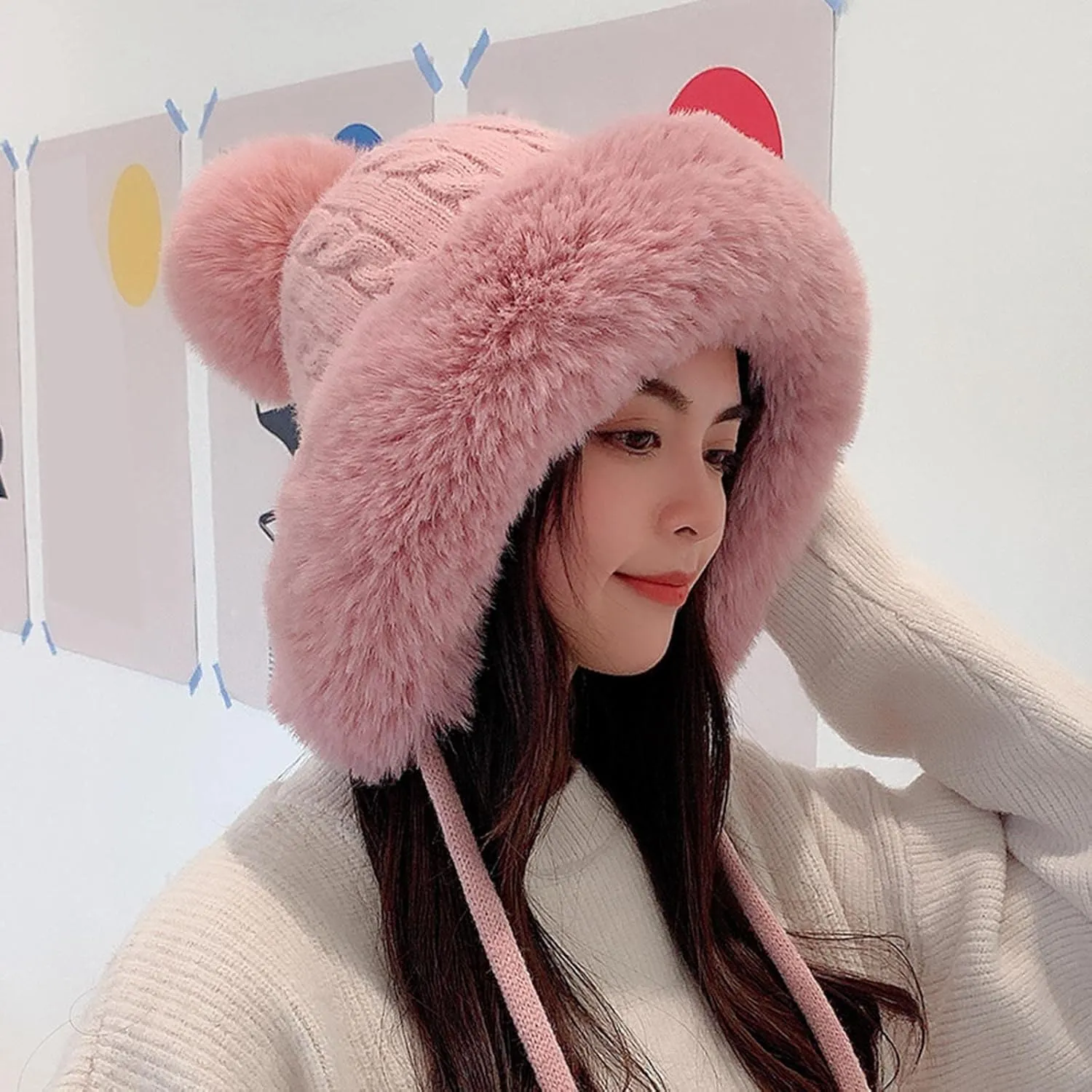 Womens Winter Beanie Hat Soft Slouchy Fluffy Beanies with Faux Fur Pompom Knit Stretchy Snow Ski Cap for Cold Weather