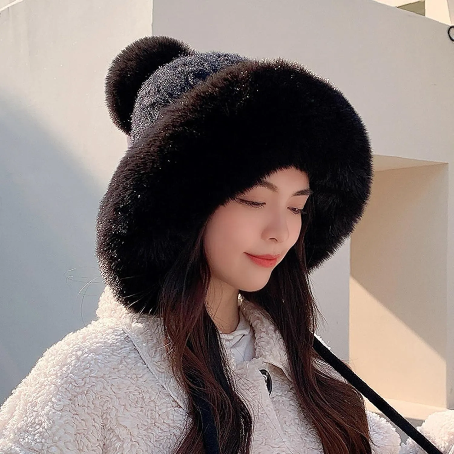 Womens Winter Beanie Hat Soft Slouchy Fluffy Beanies with Faux Fur Pompom Knit Stretchy Snow Ski Cap for Cold Weather