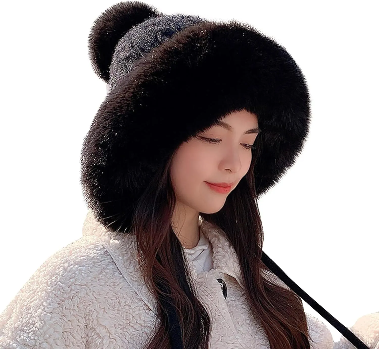 Womens Winter Beanie Hat Soft Slouchy Fluffy Beanies with Faux Fur Pompom Knit Stretchy Snow Ski Cap for Cold Weather