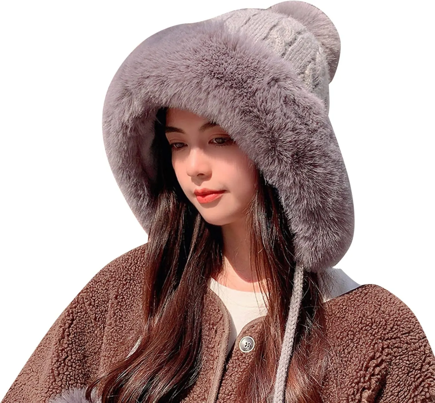 Womens Winter Beanie Hat Soft Slouchy Fluffy Beanies with Faux Fur Pompom Knit Stretchy Snow Ski Cap for Cold Weather