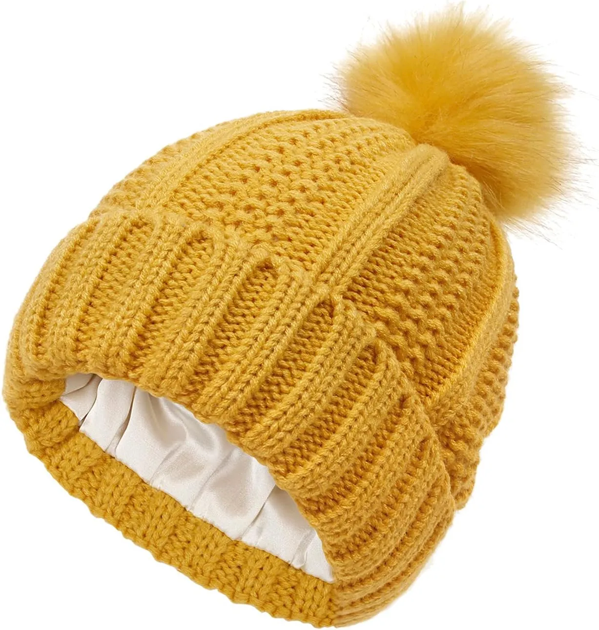 Womens Winter Satin Lined Beanie Hat Faux Furry Pompom Beanie Hat for Women Winter Warm Knit Hats