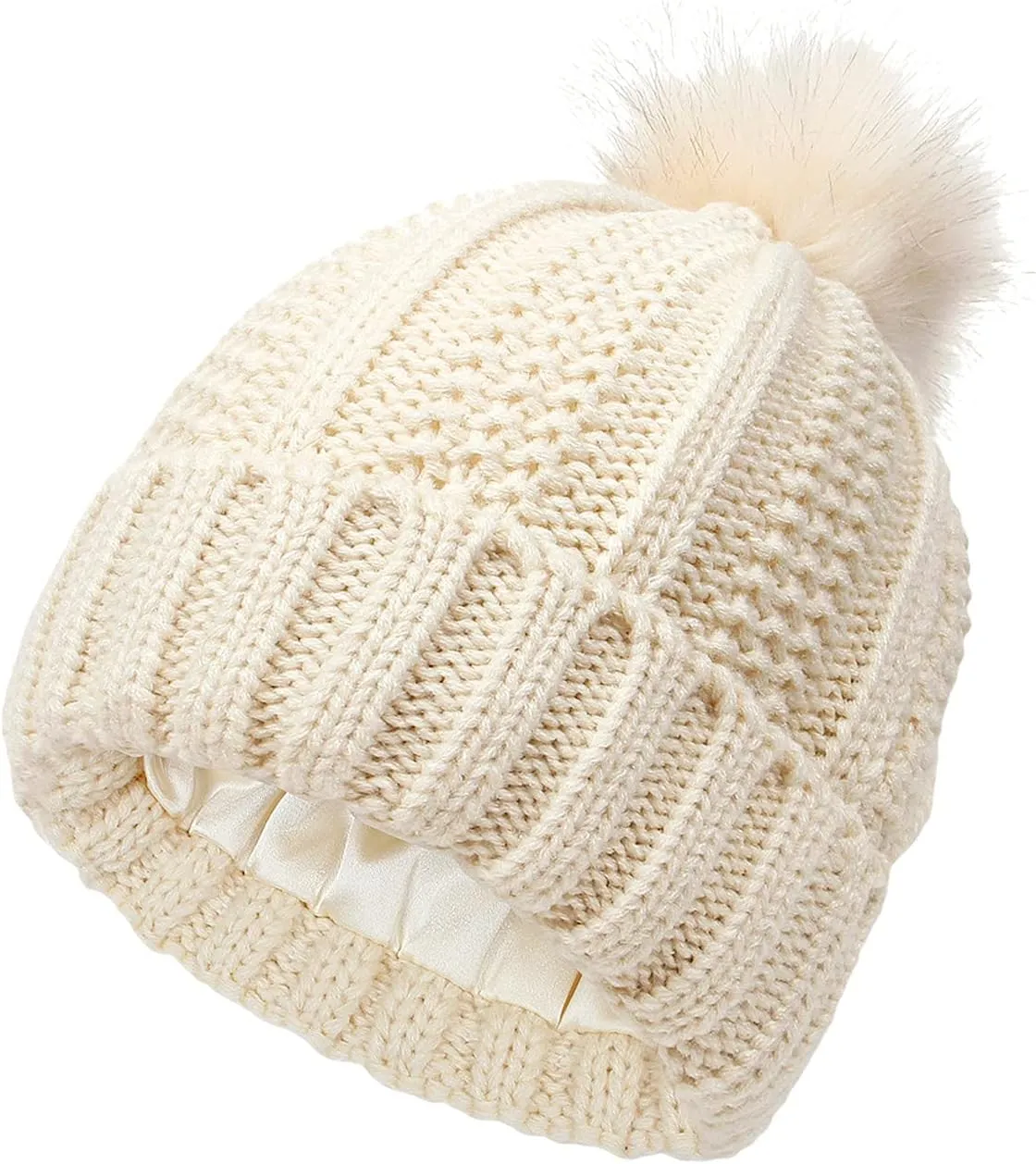 Womens Winter Satin Lined Beanie Hat Faux Furry Pompom Beanie Hat for Women Winter Warm Knit Hats