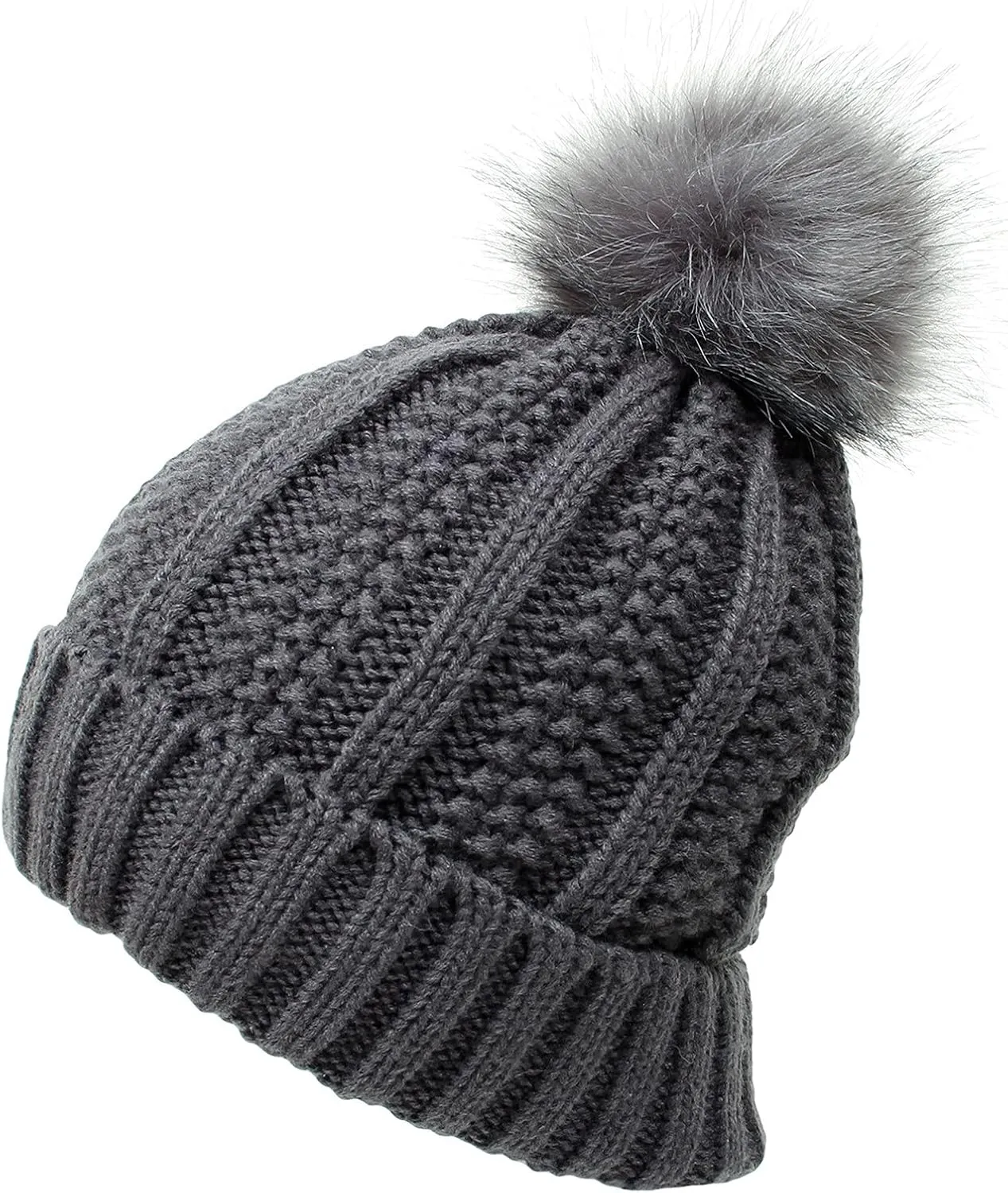 Womens Winter Satin Lined Beanie Hat Faux Furry Pompom Beanie Hat for Women Winter Warm Knit Hats