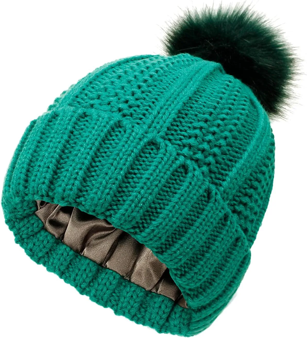 Womens Winter Satin Lined Beanie Hat Faux Furry Pompom Beanie Hat for Women Winter Warm Knit Hats