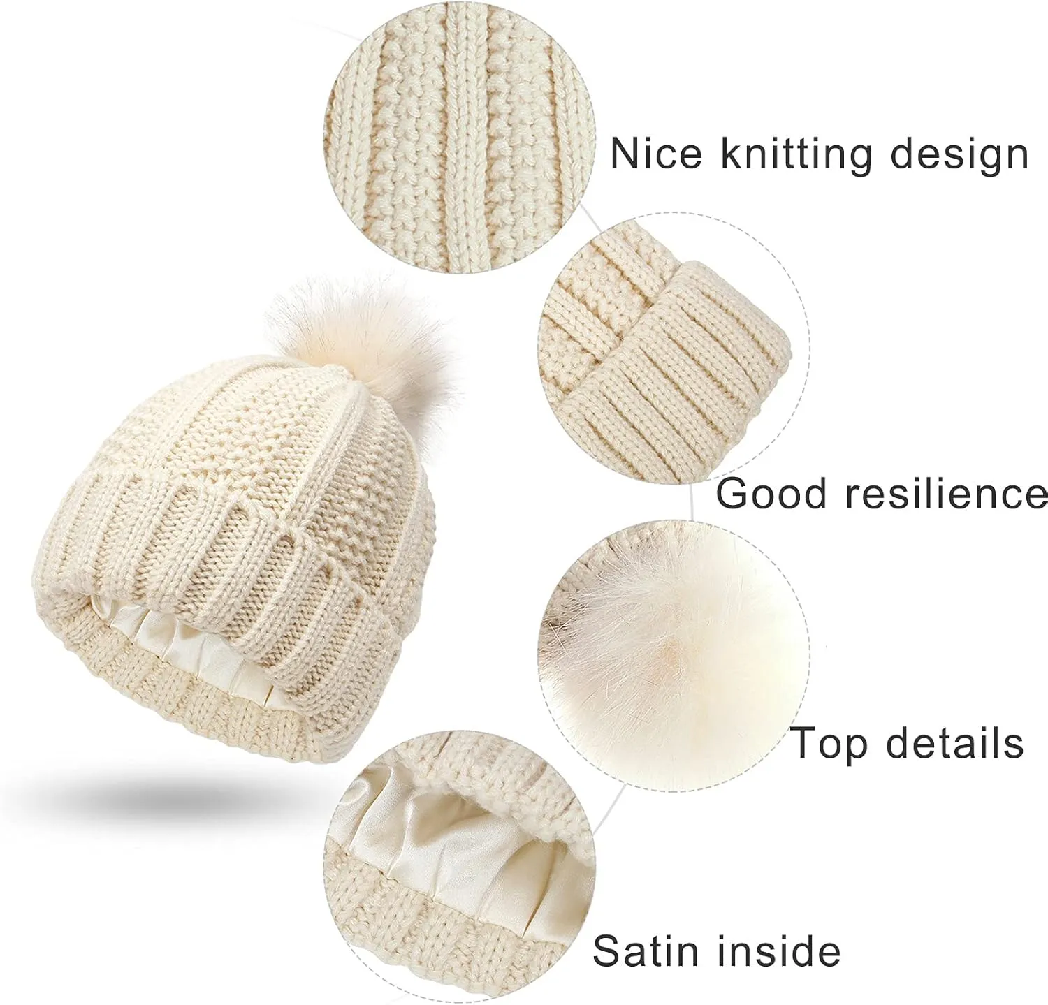 Womens Winter Satin Lined Beanie Hat Faux Furry Pompom Beanie Hat for Women Winter Warm Knit Hats