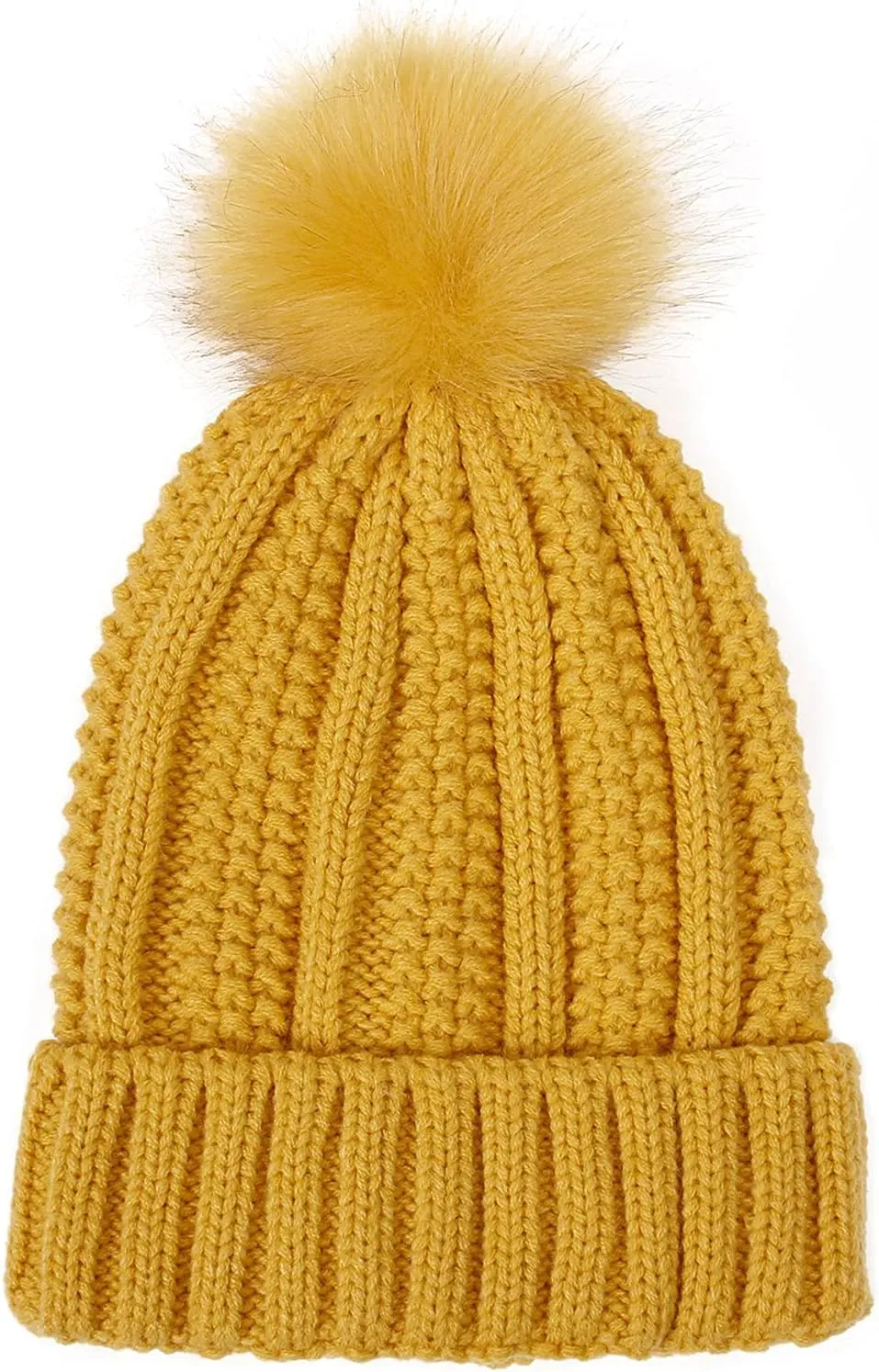 Womens Winter Satin Lined Beanie Hat Faux Furry Pompom Beanie Hat for Women Winter Warm Knit Hats
