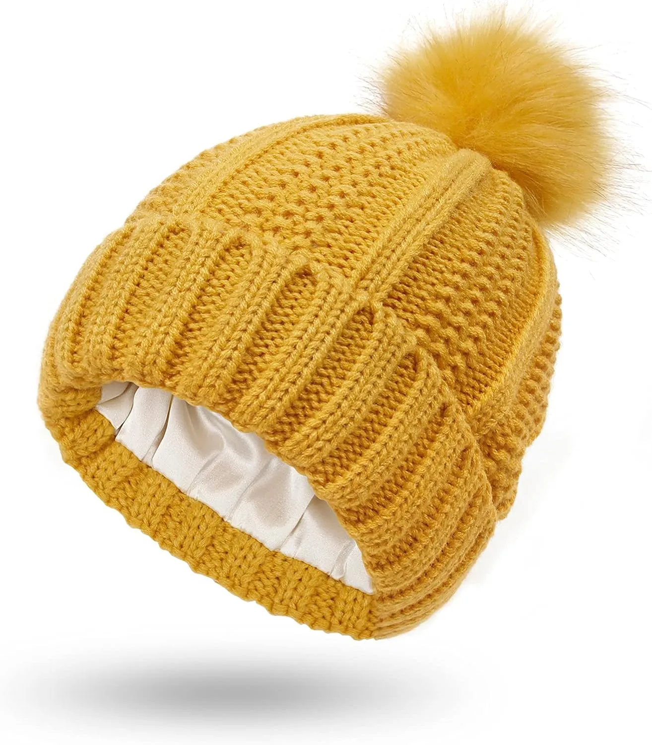 Womens Winter Satin Lined Beanie Hat Faux Furry Pompom Beanie Hat for Women Winter Warm Knit Hats