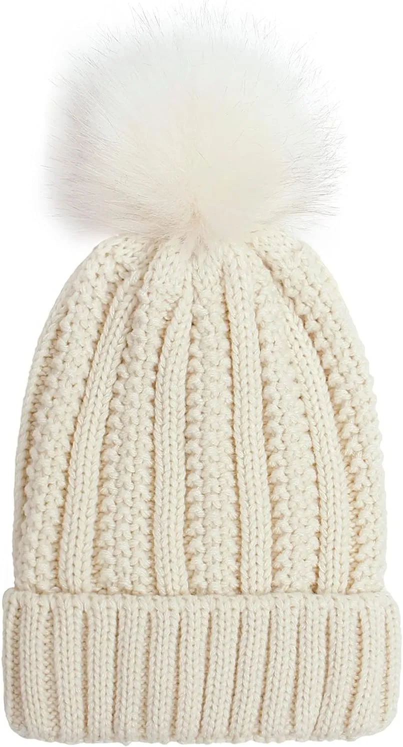 Womens Winter Satin Lined Beanie Hat Faux Furry Pompom Beanie Hat for Women Winter Warm Knit Hats