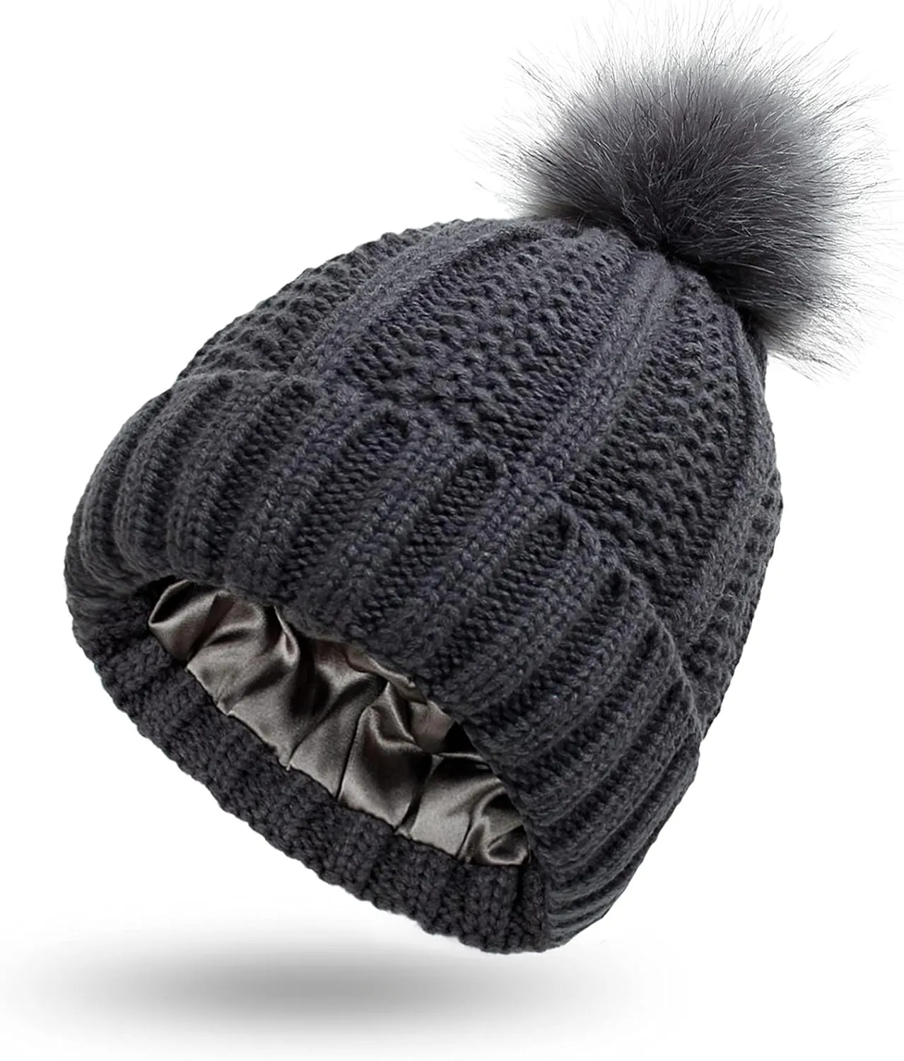 Womens Winter Satin Lined Beanie Hat Faux Furry Pompom Beanie Hat for Women Winter Warm Knit Hats