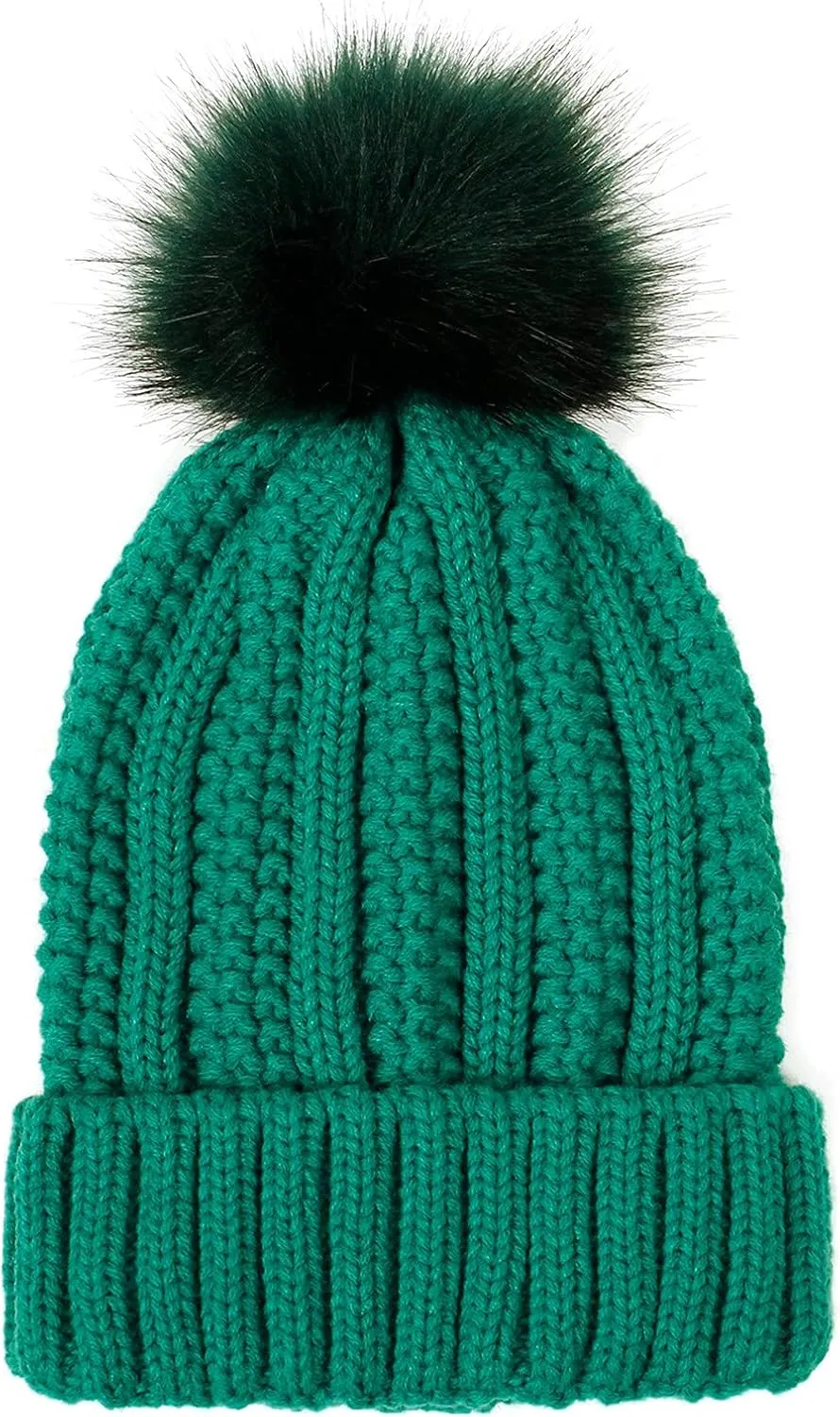 Womens Winter Satin Lined Beanie Hat Faux Furry Pompom Beanie Hat for Women Winter Warm Knit Hats