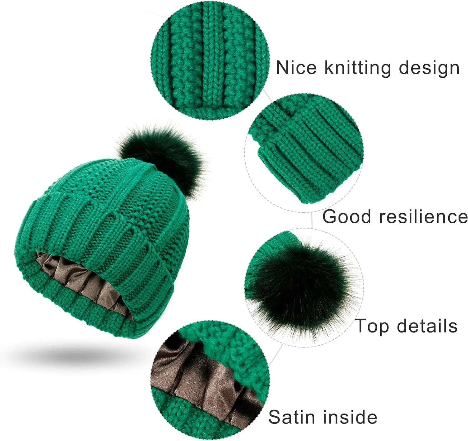 Womens Winter Satin Lined Beanie Hat Faux Furry Pompom Beanie Hat for Women Winter Warm Knit Hats