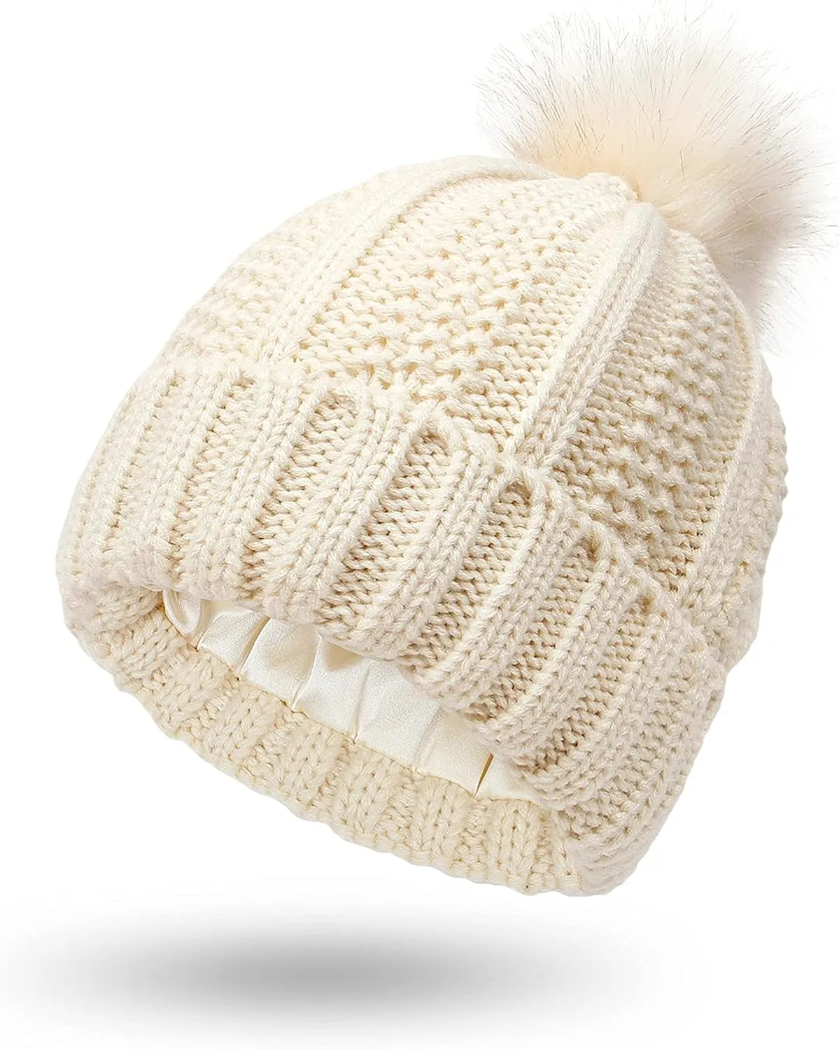 Womens Winter Satin Lined Beanie Hat Faux Furry Pompom Beanie Hat for Women Winter Warm Knit Hats