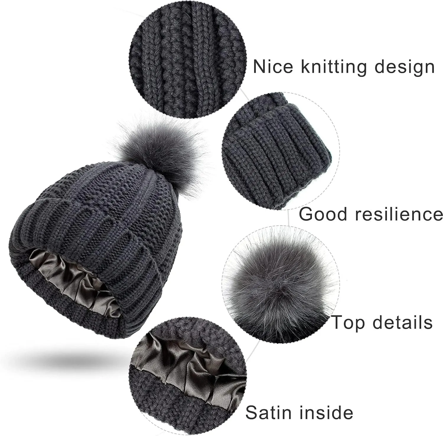 Womens Winter Satin Lined Beanie Hat Faux Furry Pompom Beanie Hat for Women Winter Warm Knit Hats