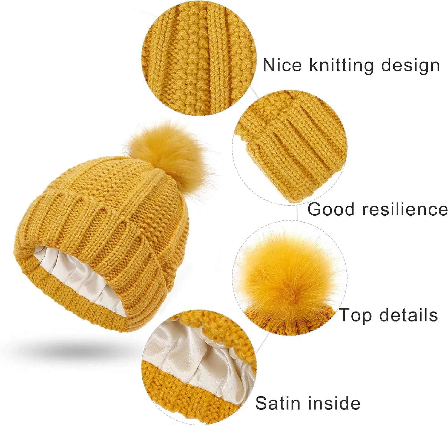 Womens Winter Satin Lined Beanie Hat Faux Furry Pompom Beanie Hat for Women Winter Warm Knit Hats