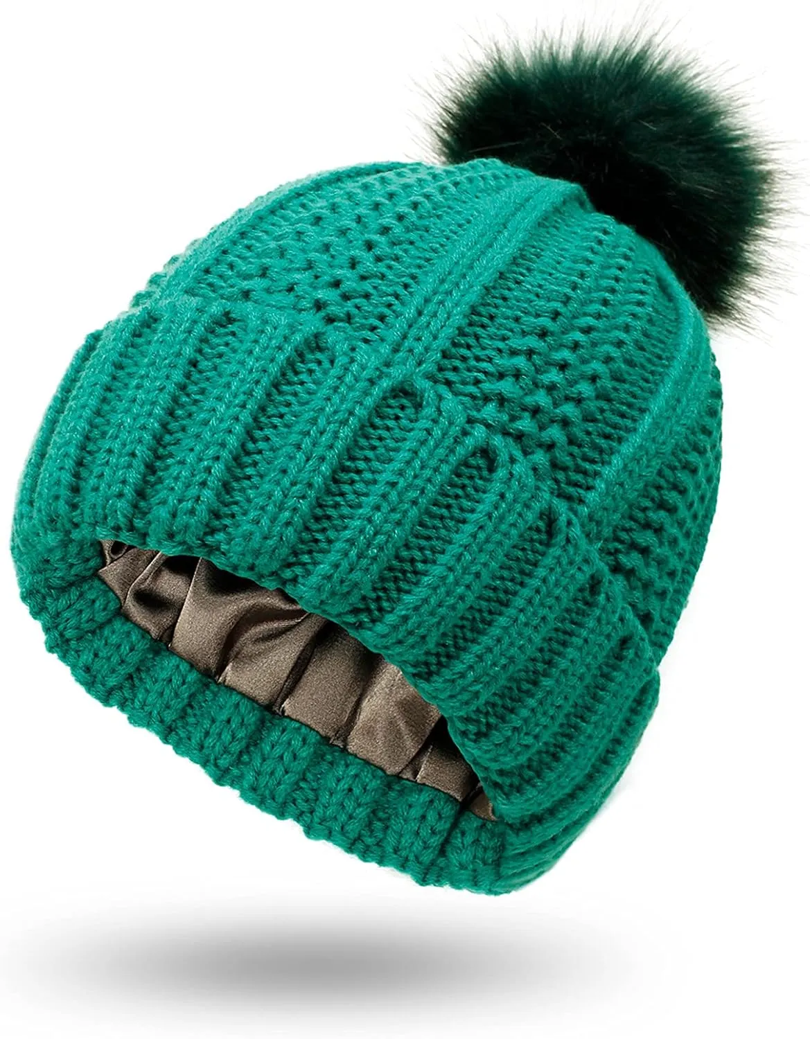 Womens Winter Satin Lined Beanie Hat Faux Furry Pompom Beanie Hat for Women Winter Warm Knit Hats