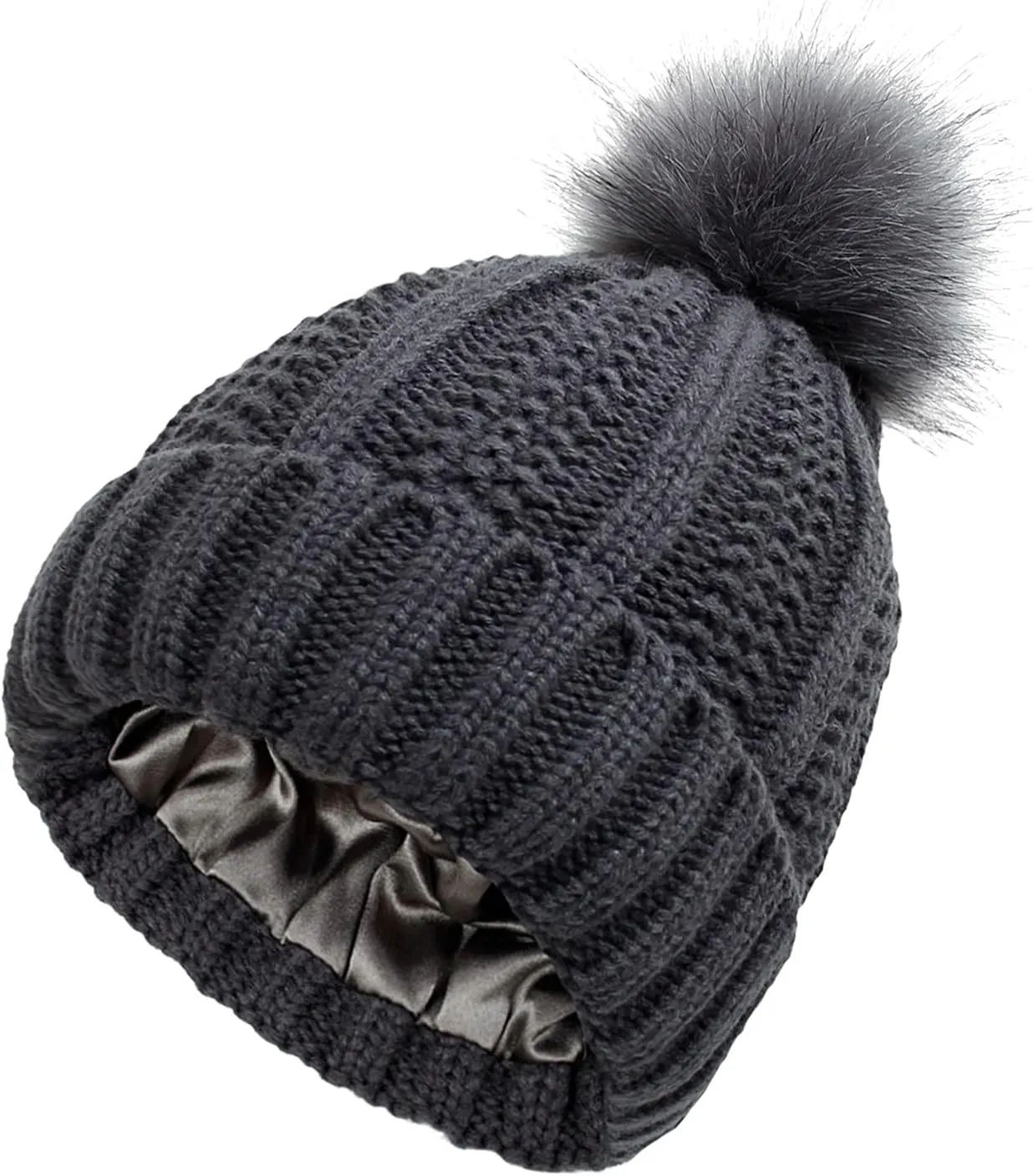 Womens Winter Satin Lined Beanie Hat Faux Furry Pompom Beanie Hat for Women Winter Warm Knit Hats