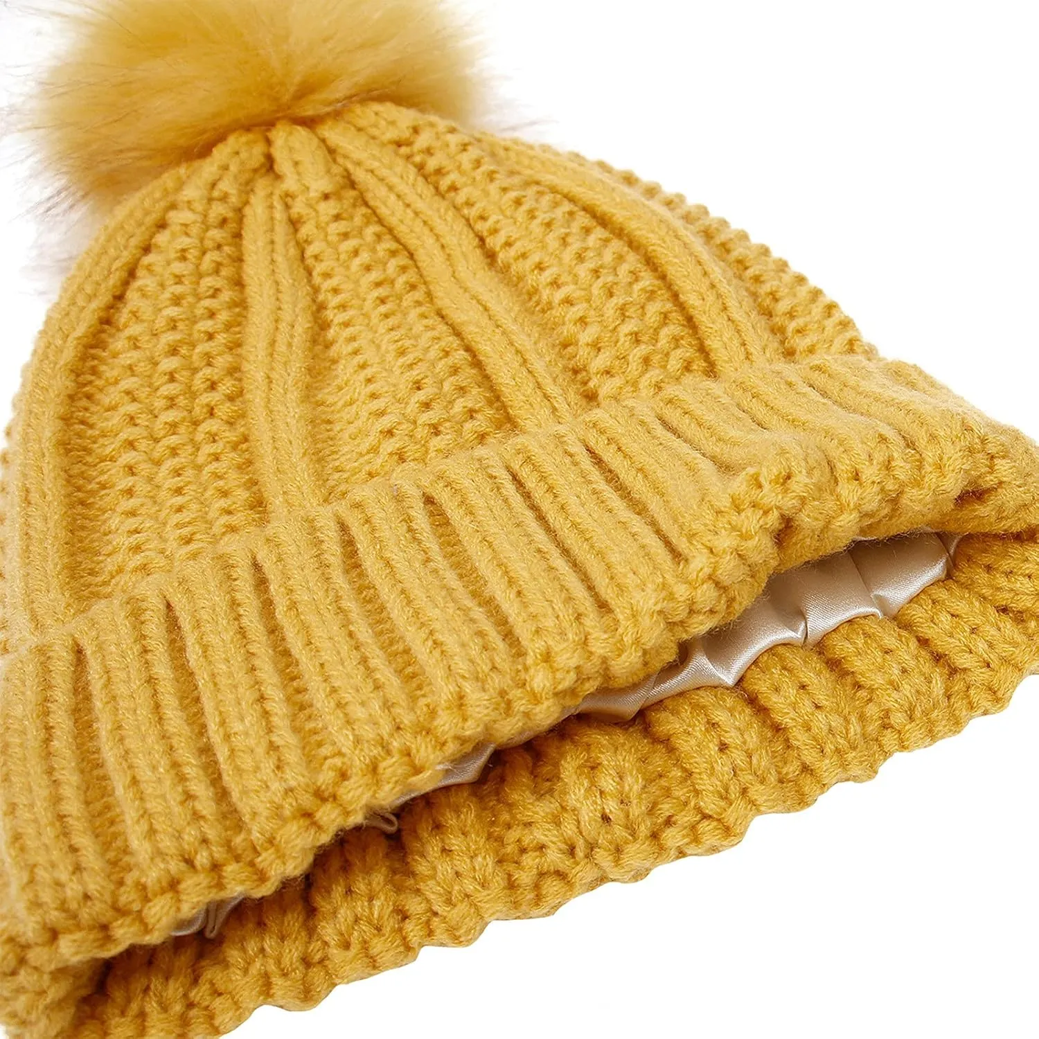 Womens Winter Satin Lined Beanie Hat Faux Furry Pompom Beanie Hat for Women Winter Warm Knit Hats