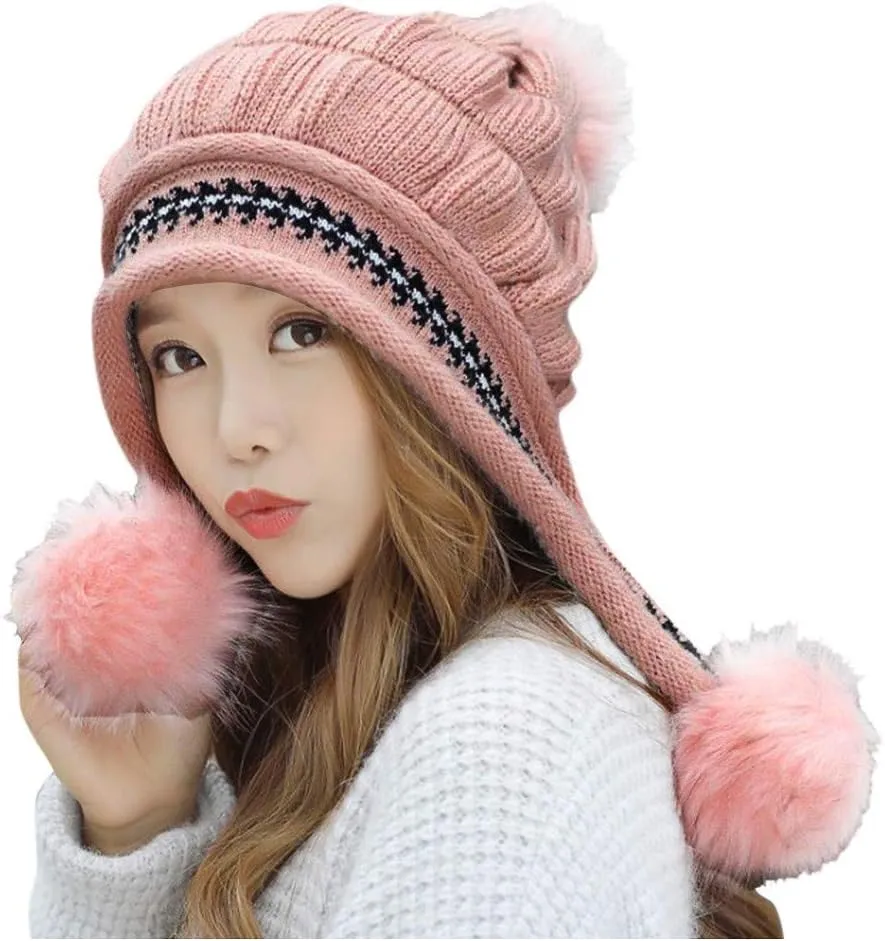 Womens Winter Thick Cable Knit Beanie Hat, Warm Fleece Lined Knitted Soft Ski Cuff Cap with Pompom