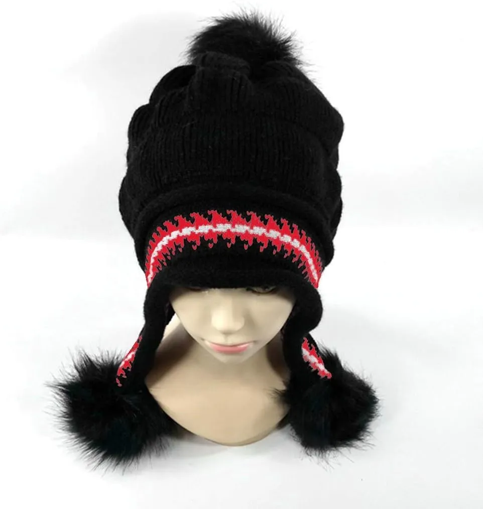 Womens Winter Thick Cable Knit Beanie Hat, Warm Fleece Lined Knitted Soft Ski Cuff Cap with Pompom