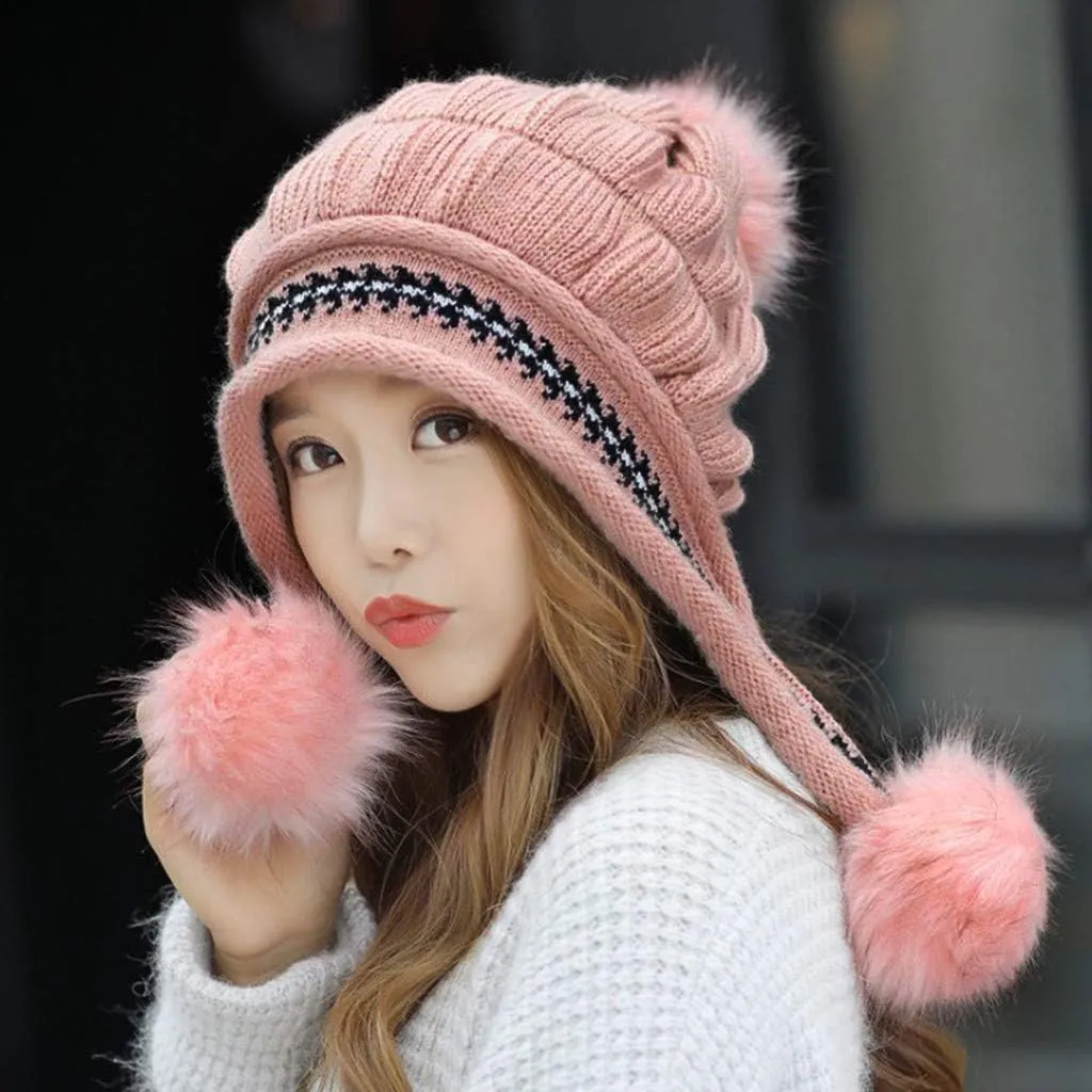 Womens Winter Thick Cable Knit Beanie Hat, Warm Fleece Lined Knitted Soft Ski Cuff Cap with Pompom