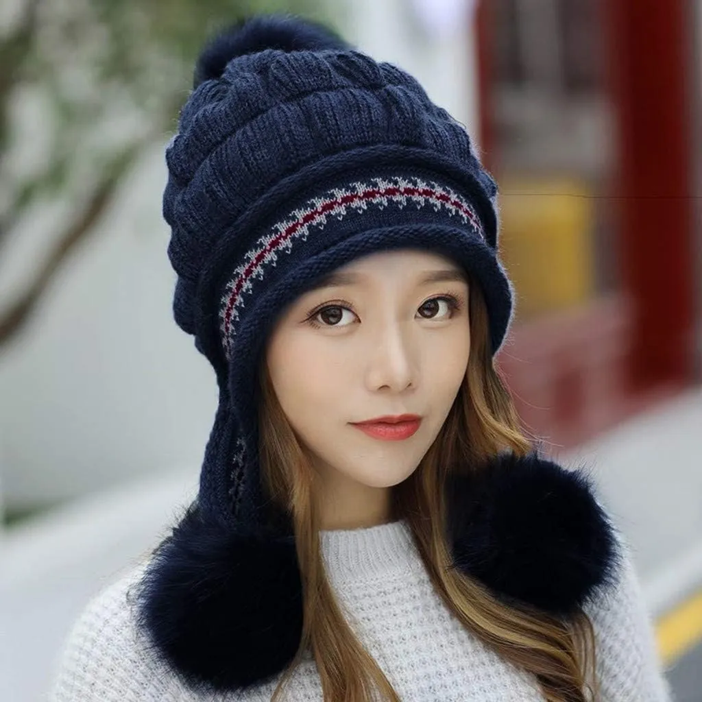 Womens Winter Thick Cable Knit Beanie Hat, Warm Fleece Lined Knitted Soft Ski Cuff Cap with Pompom