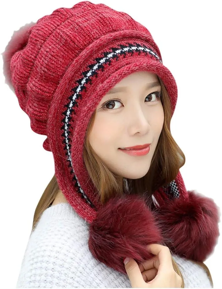 Womens Winter Thick Cable Knit Beanie Hat, Warm Fleece Lined Knitted Soft Ski Cuff Cap with Pompom