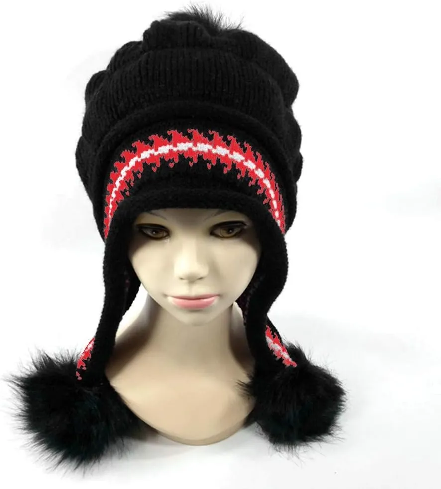 Womens Winter Thick Cable Knit Beanie Hat, Warm Fleece Lined Knitted Soft Ski Cuff Cap with Pompom