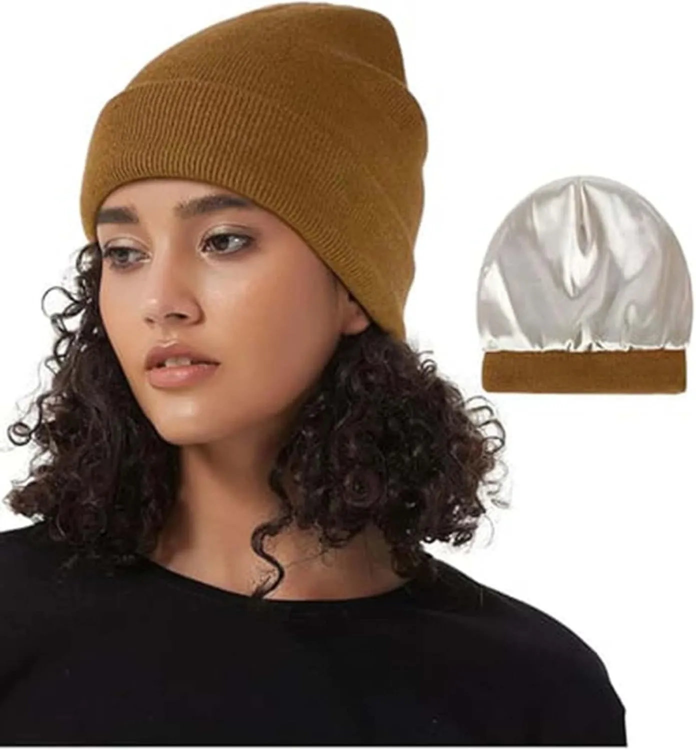 Womens Winter Warm Knit Beanie Hat Satin Lined Faux Furry Pompom Beanie Hat for Women Winter Hats