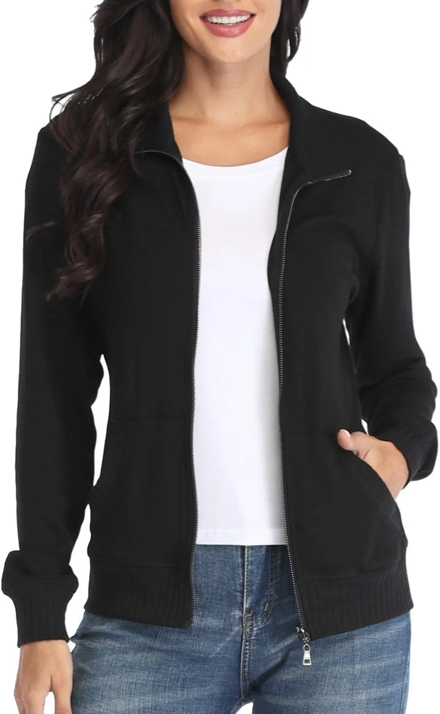 Women's Zip up Sweatshirt Jacket Stand Collar Hoodless Running Sweatshirt with Pockets