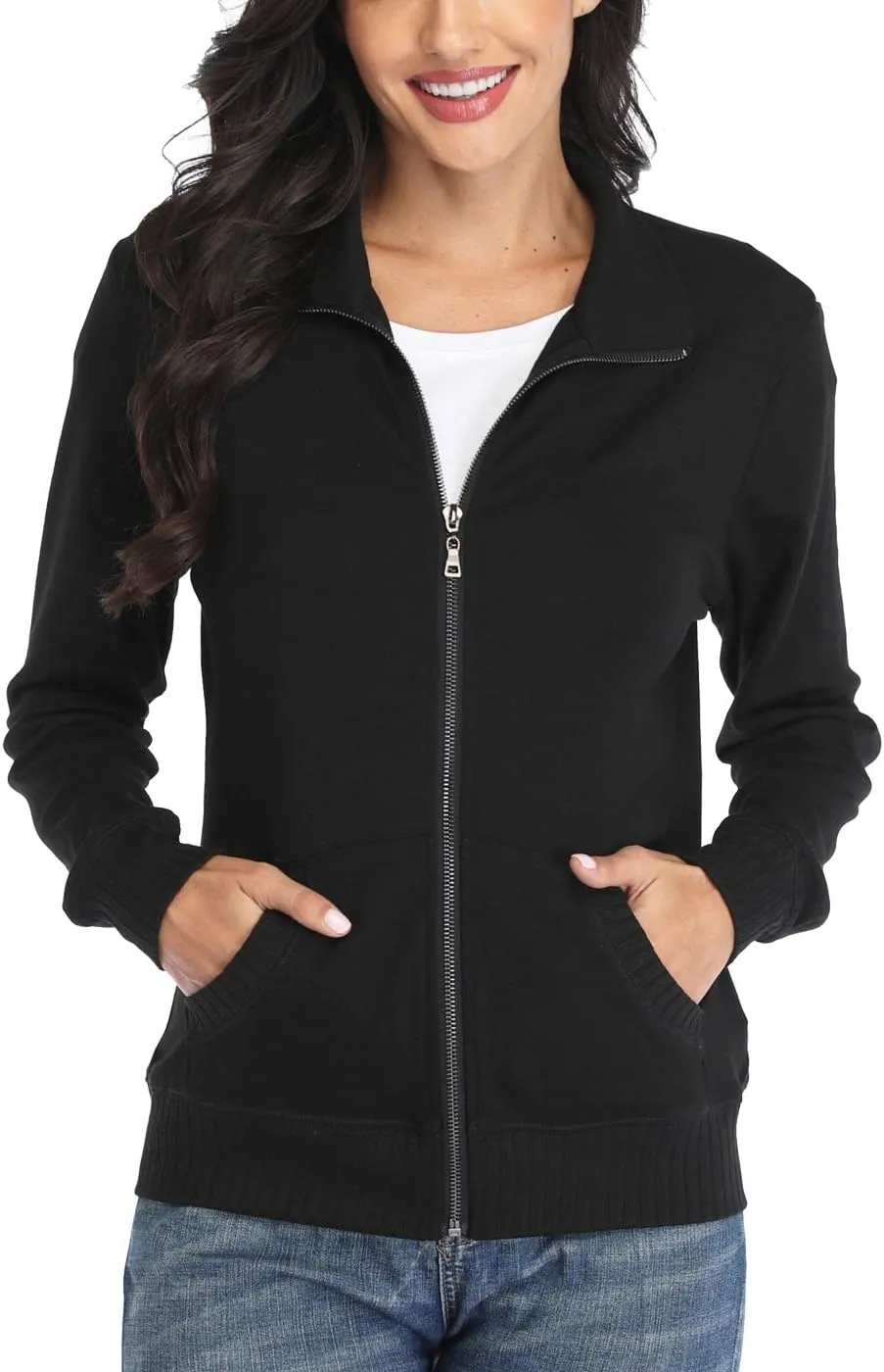 Women's Zip up Sweatshirt Jacket Stand Collar Hoodless Running Sweatshirt with Pockets