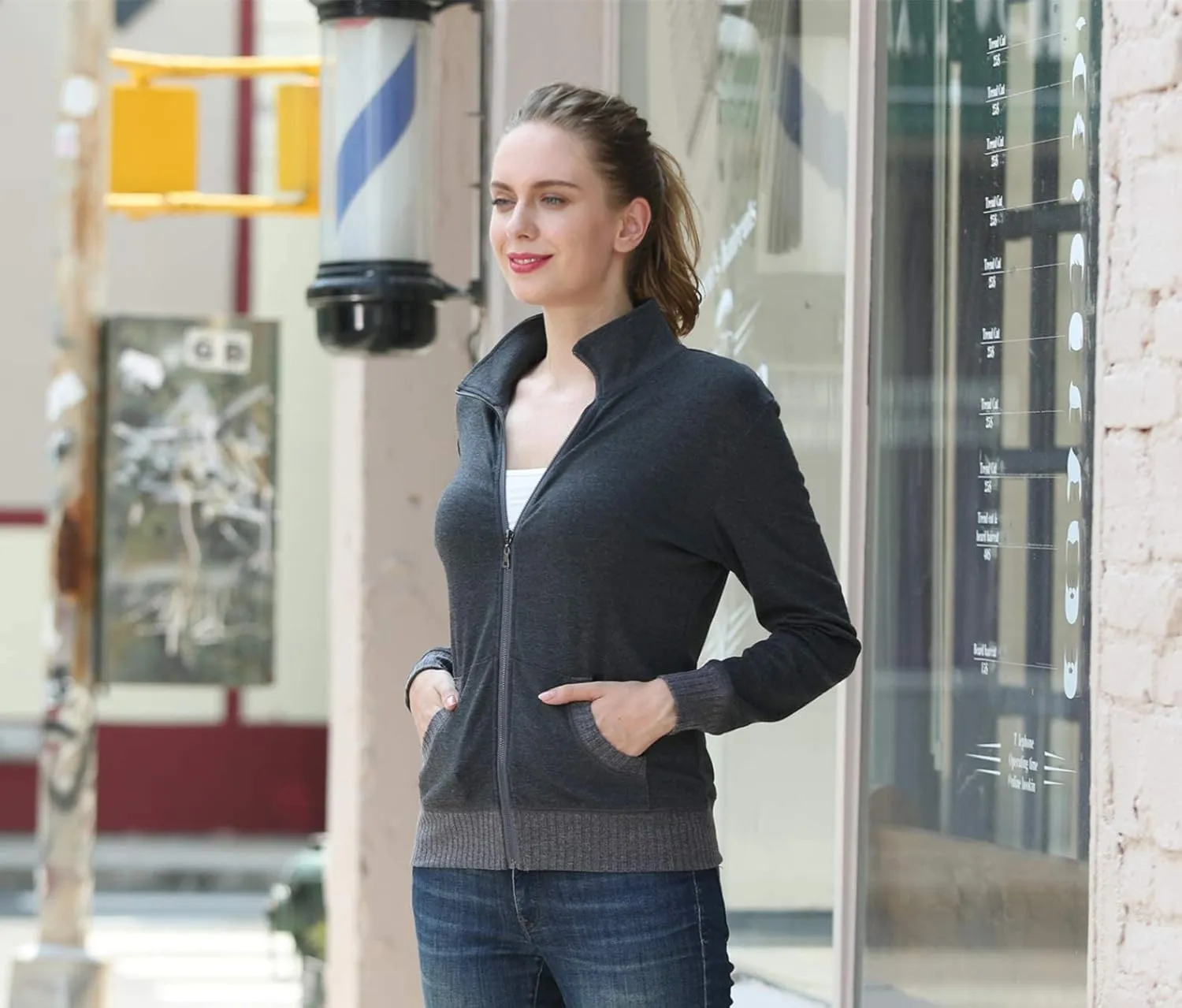Women's Zip up Sweatshirt Jacket Stand Collar Hoodless Running Sweatshirt with Pockets