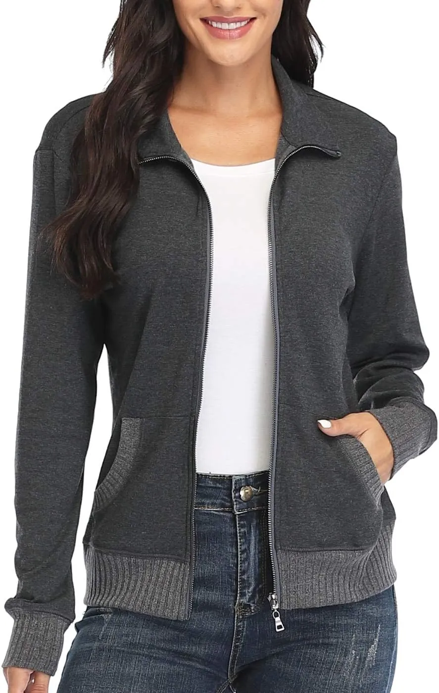 Women's Zip up Sweatshirt Jacket Stand Collar Hoodless Running Sweatshirt with Pockets