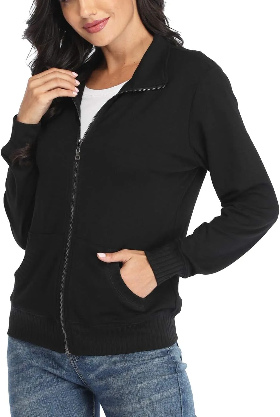 Women's Zip up Sweatshirt Jacket Stand Collar Hoodless Running Sweatshirt with Pockets