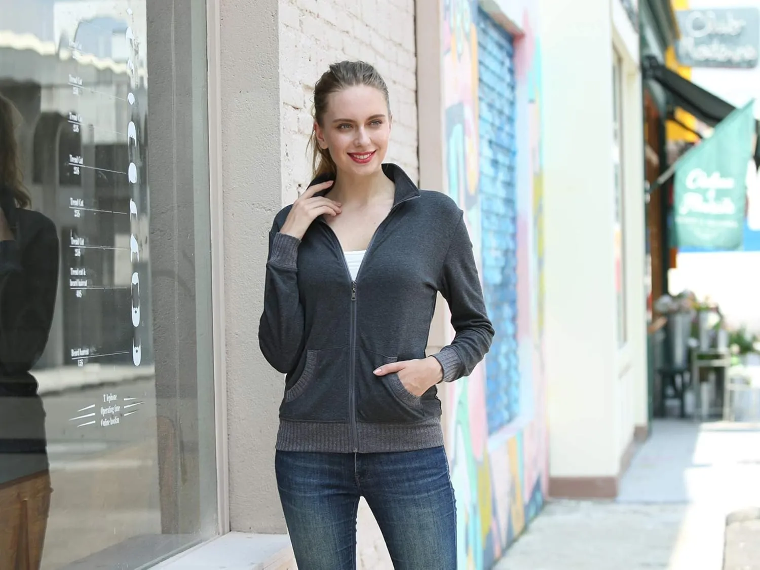 Women's Zip up Sweatshirt Jacket Stand Collar Hoodless Running Sweatshirt with Pockets