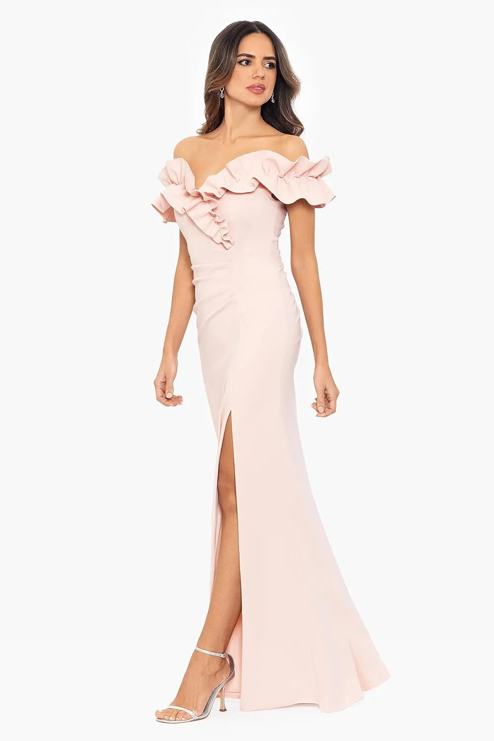 Xscape Women's Long Stretch Scuba Crepe Ruffle Collar Ruched Dress