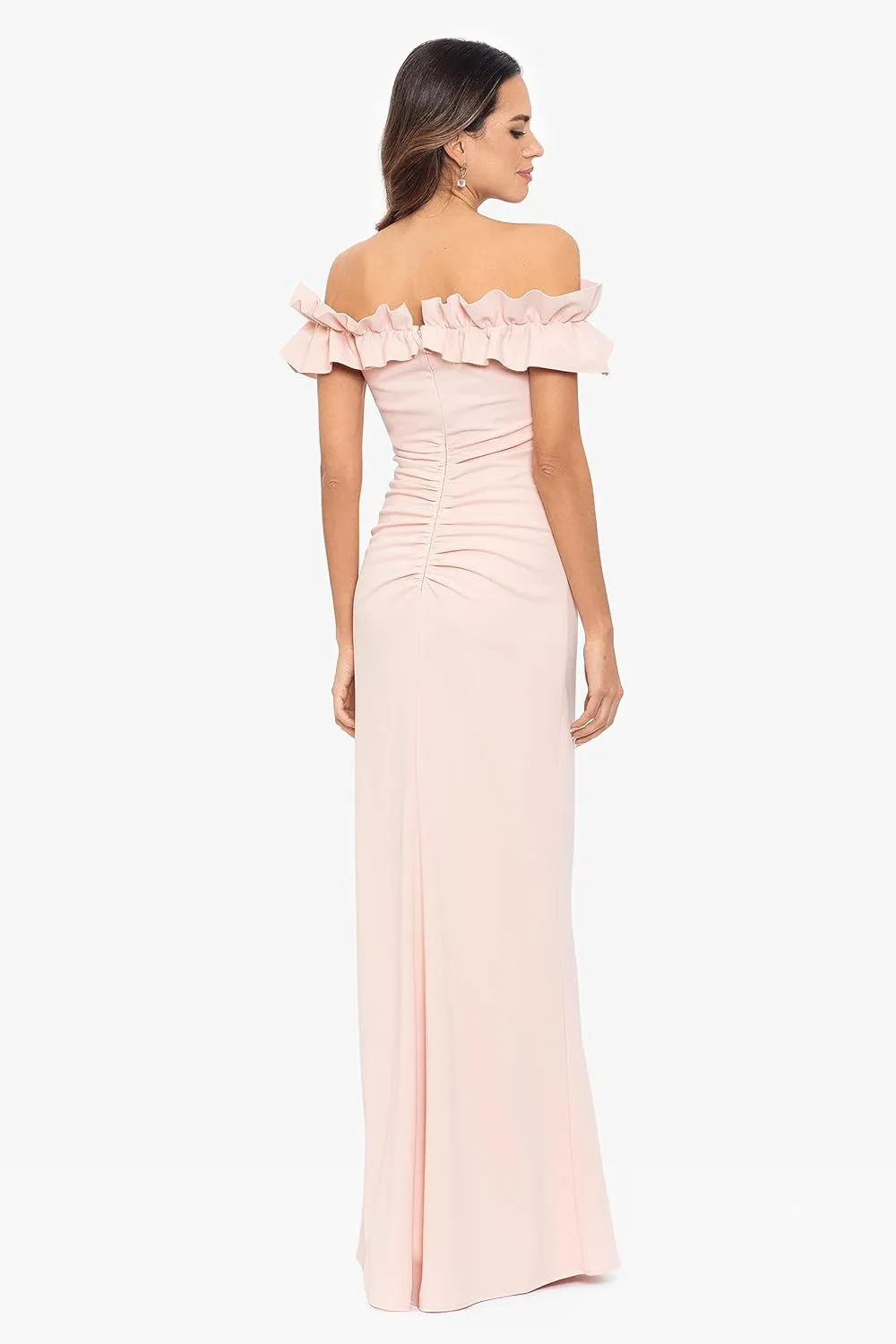 Xscape Women's Long Stretch Scuba Crepe Ruffle Collar Ruched Dress