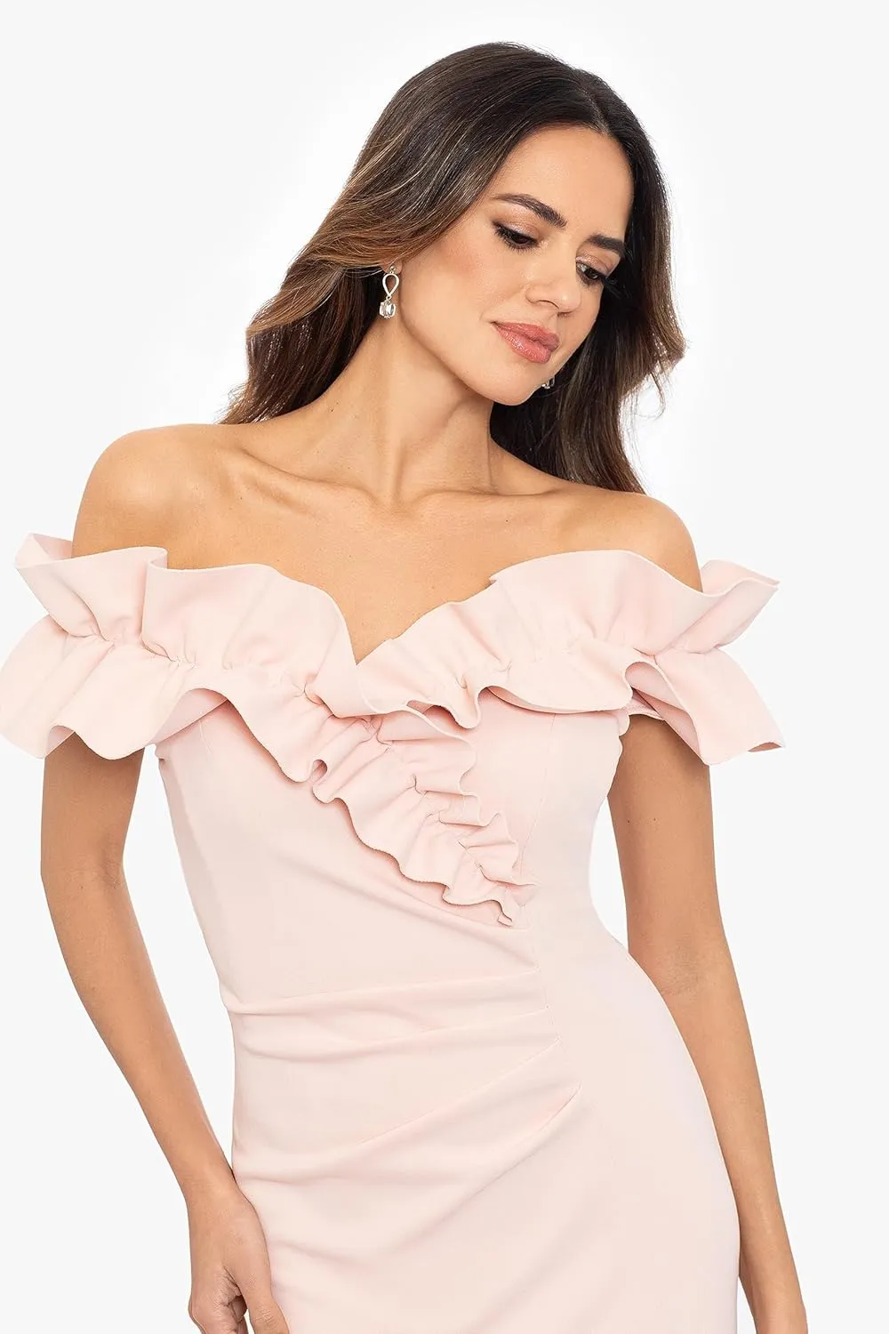 Xscape Women's Long Stretch Scuba Crepe Ruffle Collar Ruched Dress