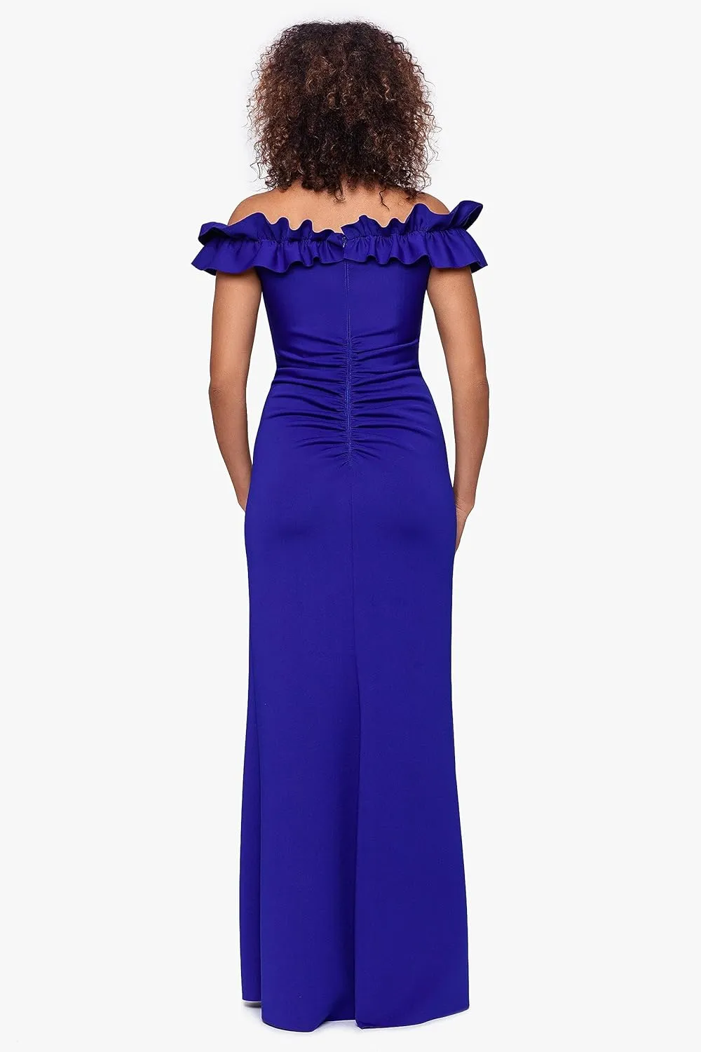 Xscape Women's Long Stretch Scuba Crepe Ruffle Collar Ruched Dress