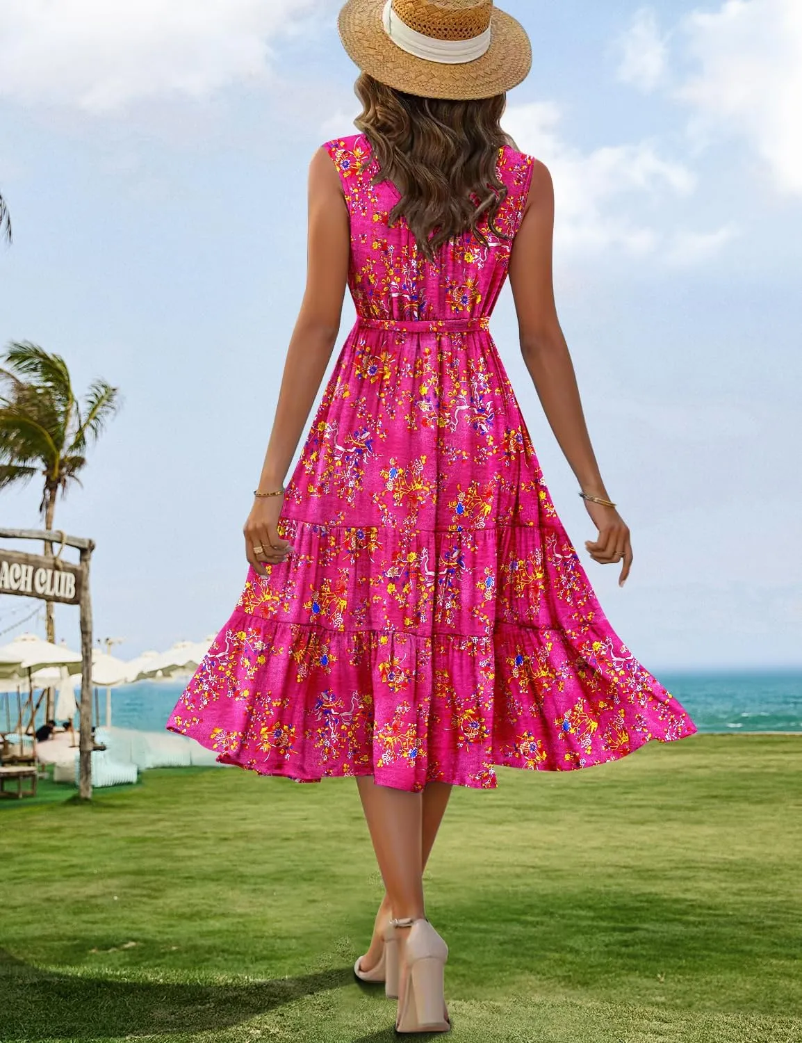 YESNO Women's Summer Casual Sleeveless Midi Dresses Boho Floral Tiered Sundresses with Pockets EMV