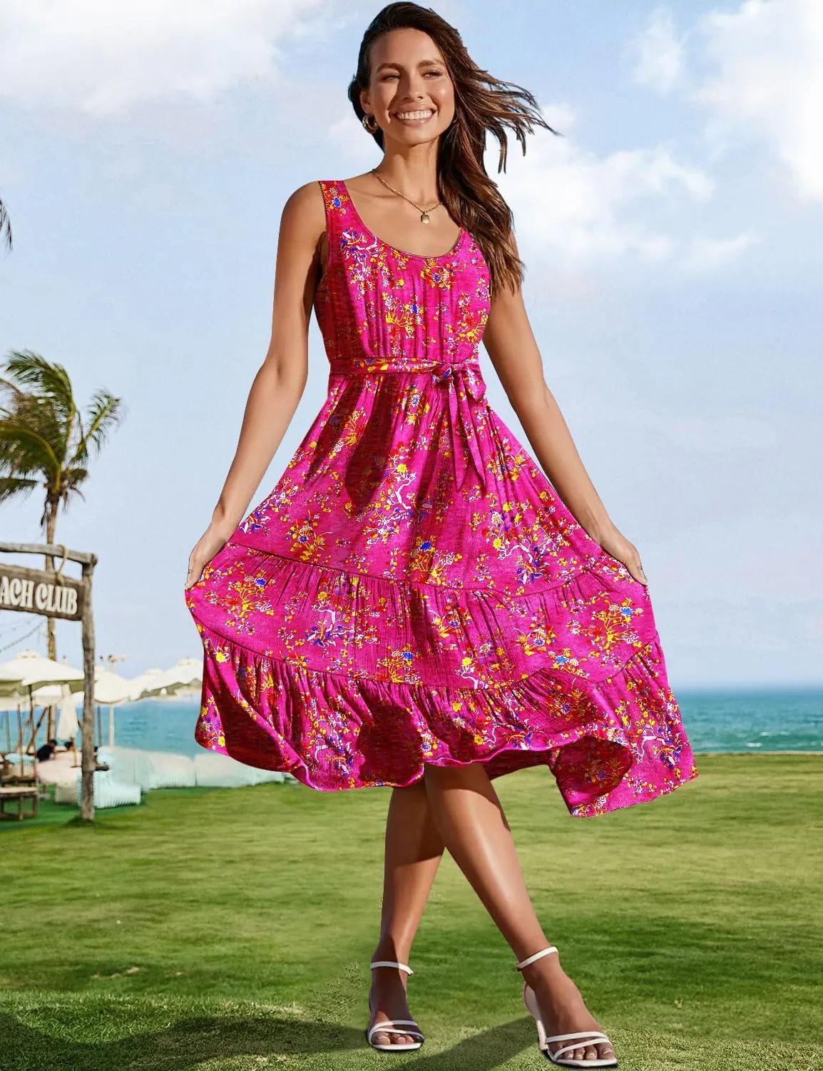 YESNO Women's Summer Casual Sleeveless Midi Dresses Boho Floral Tiered Sundresses with Pockets EMV