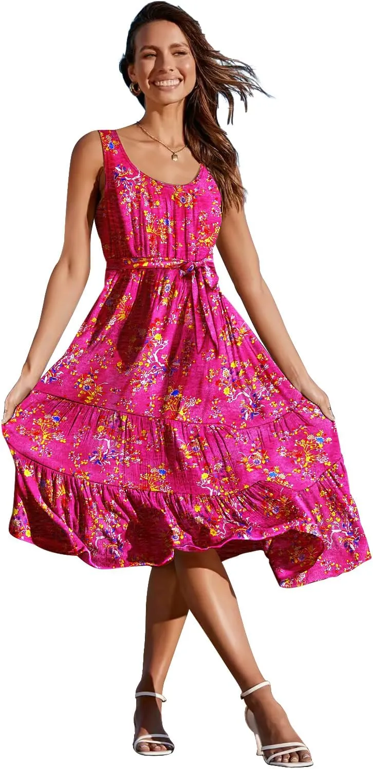 YESNO Women's Summer Casual Sleeveless Midi Dresses Boho Floral Tiered Sundresses with Pockets EMV