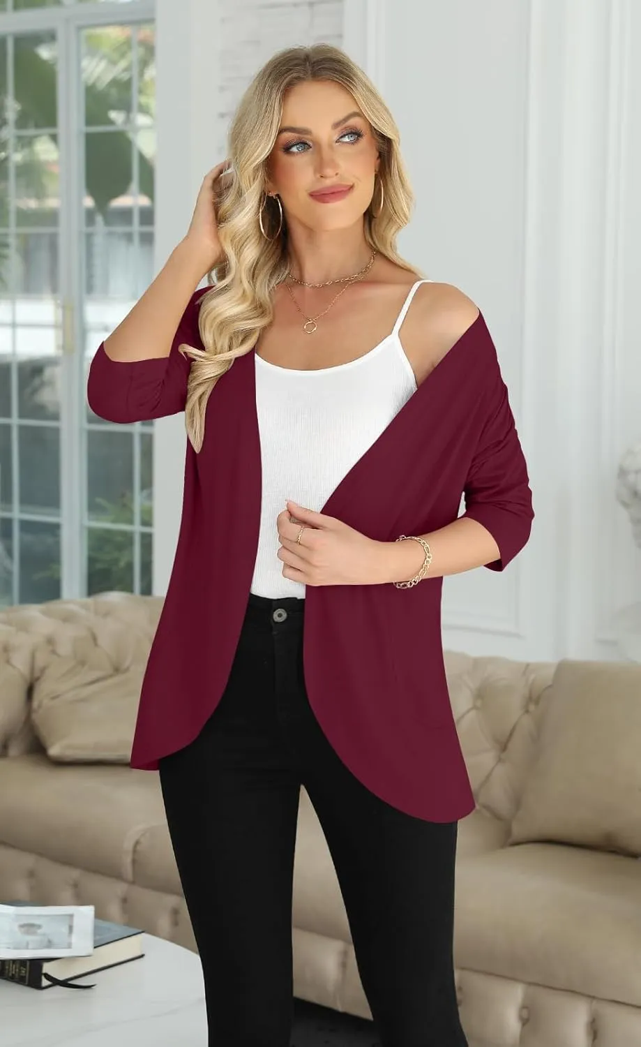 Yincro Women's Casual 3/4 Sleeve Cardigan Lightweight Soft Open Front Cardigans