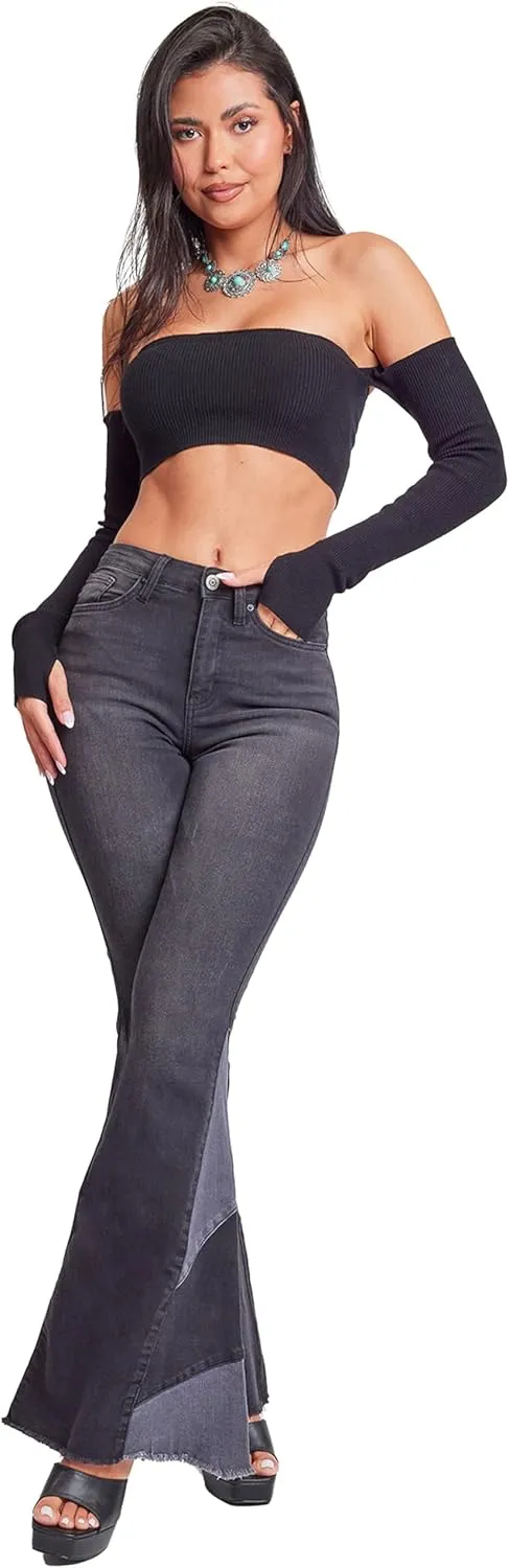 YMI Women's High Rise Gigi Flare Jean with Block Panel