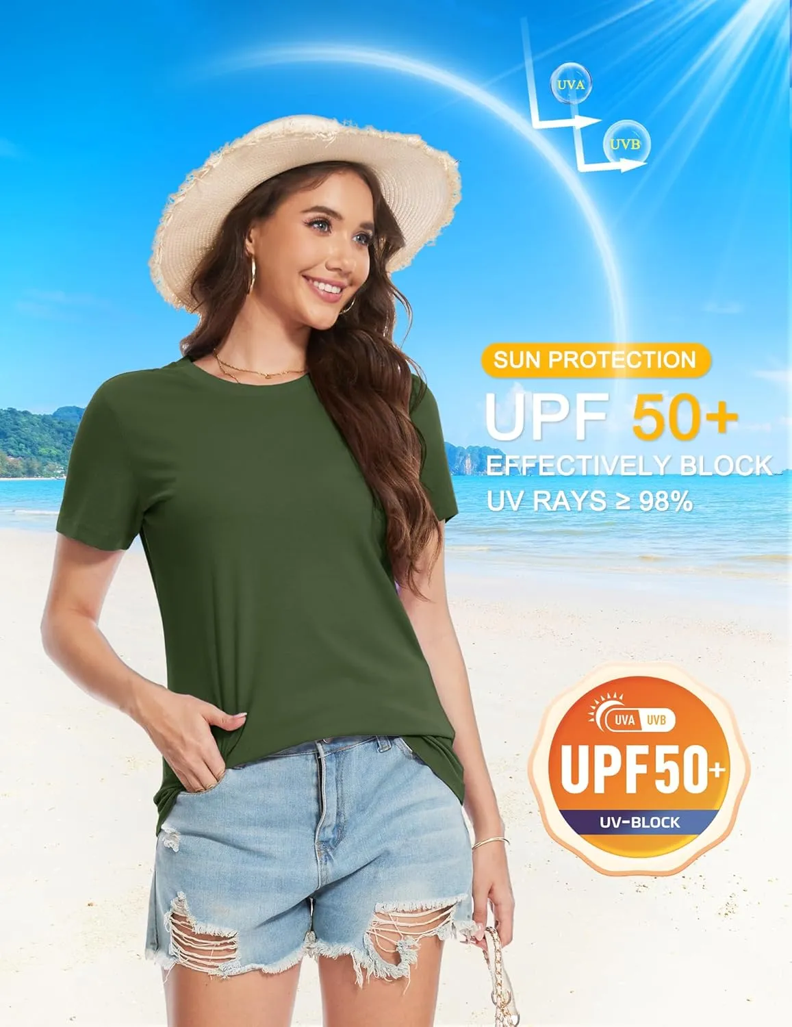 YUCOLEN Women's Cotton Short Sleeve Shirts UPF 50  Soft Breathable Crew Neck T-Shirts Basic Tops
