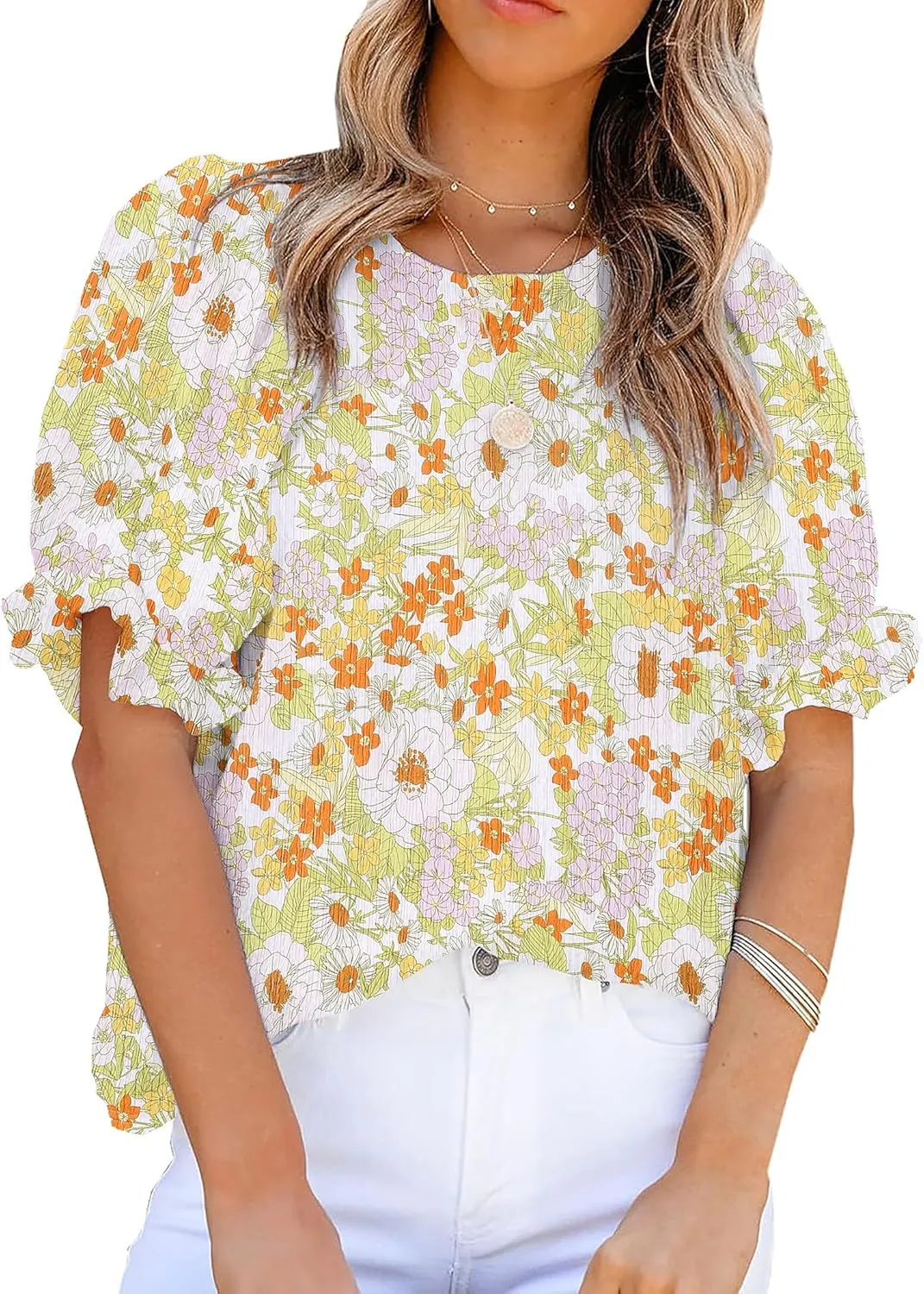 Zeagoo Womens Blouses Dressy Casual Spring Floral Print Crewneck Smocked Puff Short Sleeve Shirts