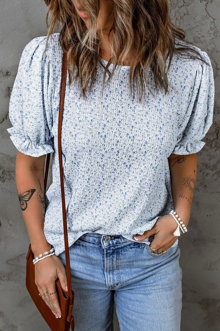 Zeagoo Womens Blouses Dressy Casual Spring Floral Print Crewneck Smocked Puff Short Sleeve Shirts