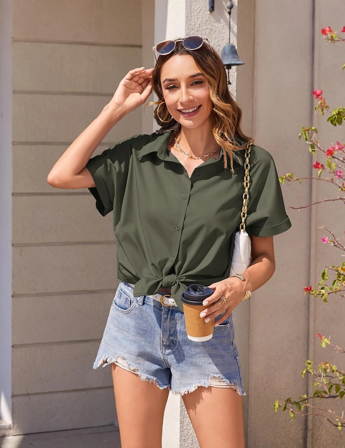 Zeagoo Women's Button Down Shirts Short Sleeve Casual Oversized Shirts Loose Collared V Neck Blouses